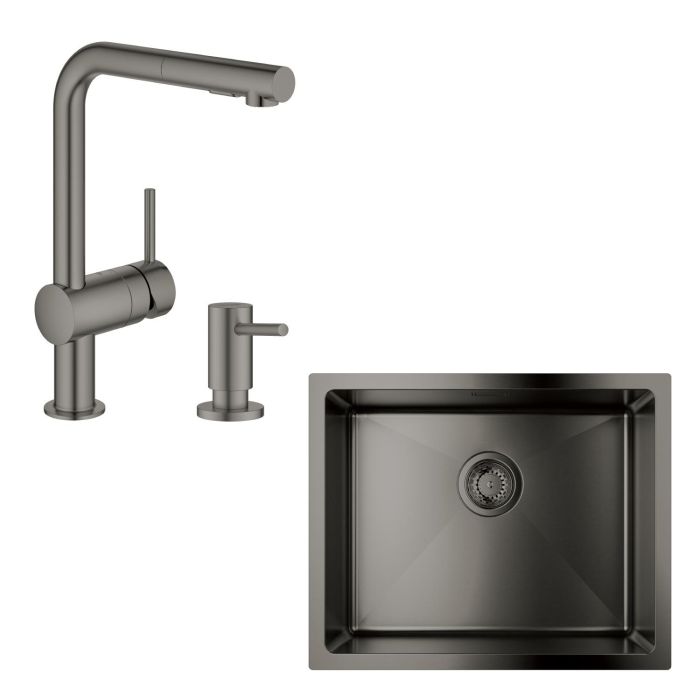 Набір для кухні Grohe K700U стальна мийка 31574AL1 + зміш. 30274AL0 + дозатор 40535AL0, матовий графіт