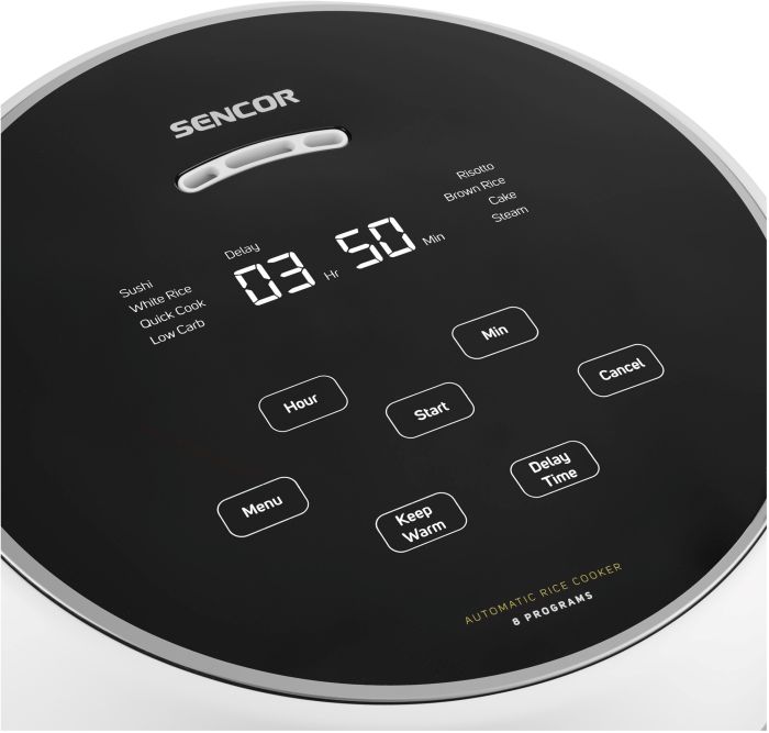 Рисоварка Sencor 350Вт, чаша-0.6л, сенсорне керування, 8 програм, нерж. сталь, пластик, білий