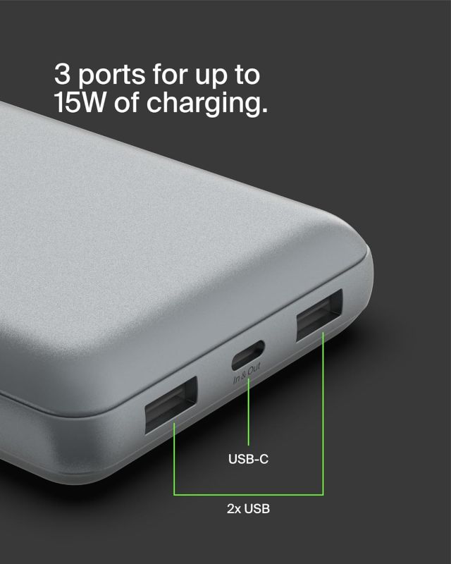 Портативное зарядное устройство Power Bank Belkin 20000мАч, 15Вт, 2хUSB-A/USB-C, серый