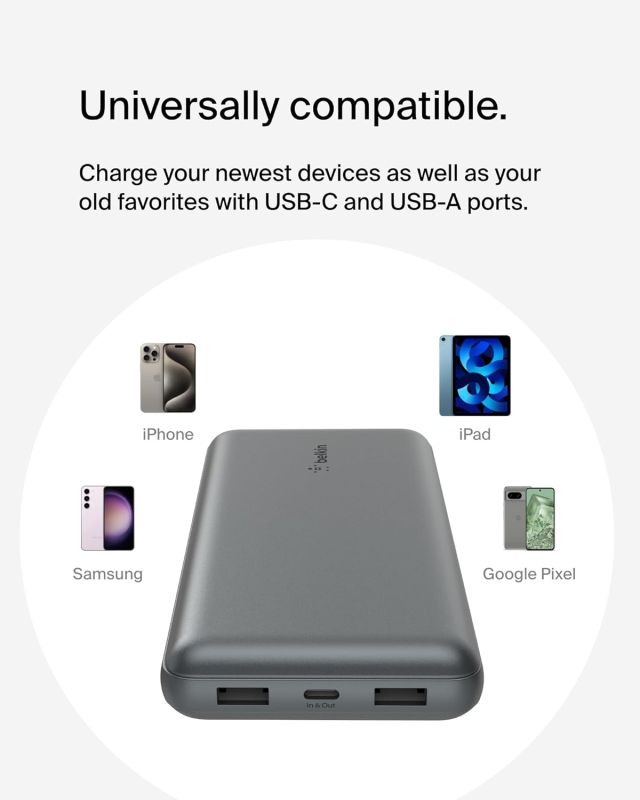 Портативное зарядное устройство Power Bank Belkin 20000мАч, 15Вт, 2хUSB-A/USB-C, серый