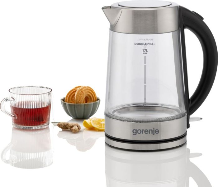 Электрочайник Gorenje 1.7л, 2,200 Вт, strix контроль, стекло, нерж