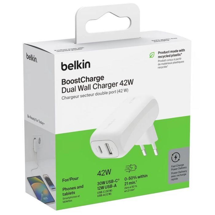 Зарядное устройство сетевое Belkin Home Charger 42Вт USB-C PD PPS 30Вт, USB-A 12Вт, белый