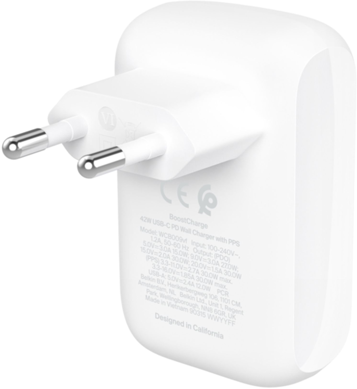 Зарядное устройство сетевое Belkin Home Charger 42Вт USB-C PD PPS 30Вт, USB-A 12Вт, белый