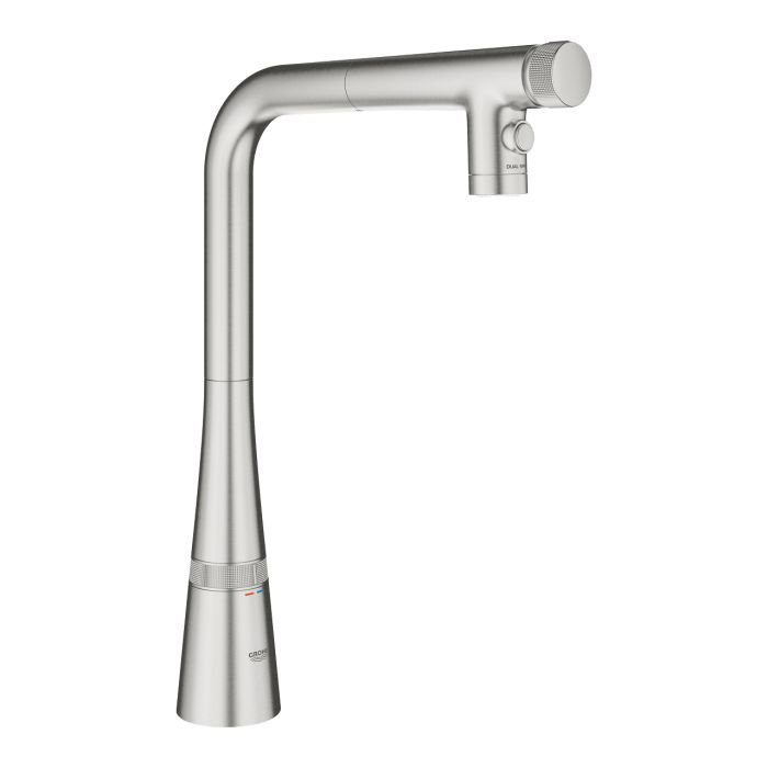 Смеситель для кухни Grohe Scala, дл.излива - 200мм, поворотный, вытяжной, вентиль + кнопка, супер сталь