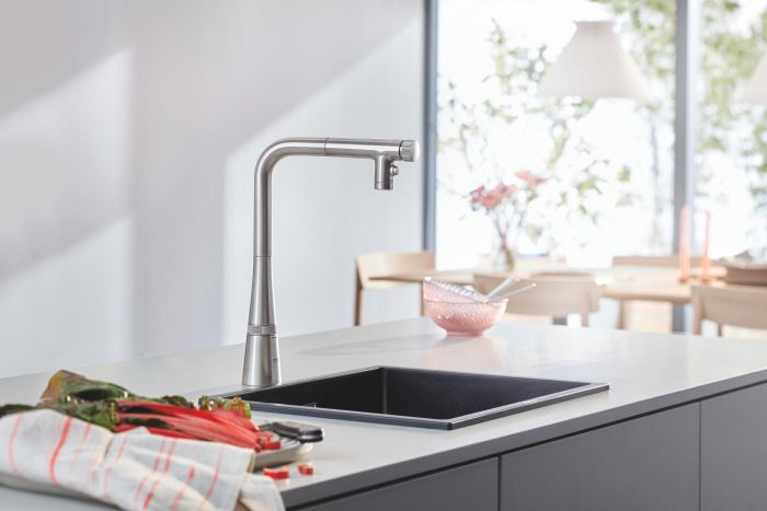 Смеситель для кухни Grohe Scala, дл.излива - 200мм, поворотный, вытяжной, вентиль + кнопка, супер сталь