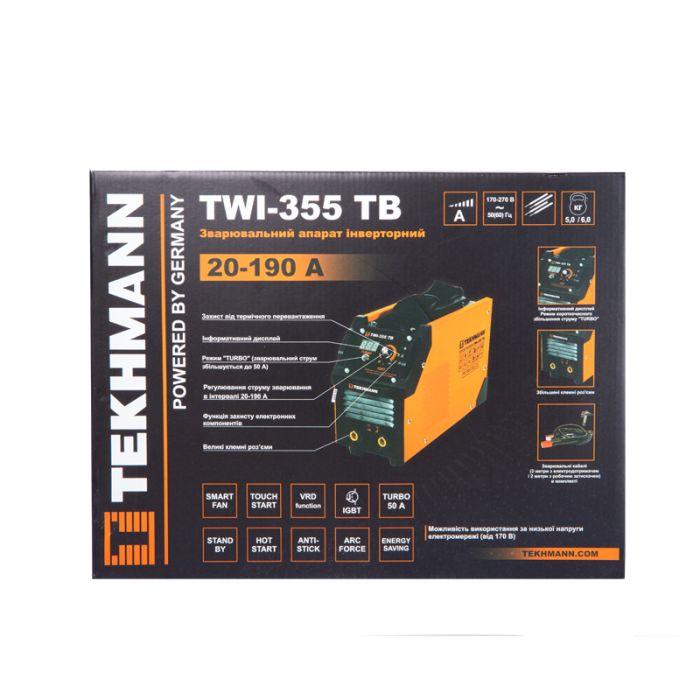Зварювальний апарат інверторний Tekhmann TWI-355 TB 140А(190А турбо режим) 5.2-8.2кВт 170-270В 5кг