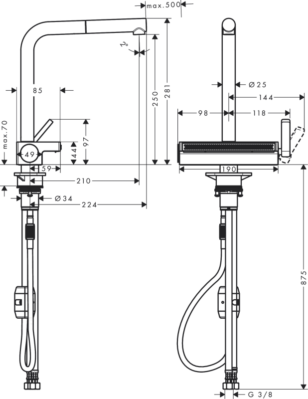 Змішувач для кухні Hansgrohe Aquno Select M81, довж.виливу - 210мм, поворотний, витяжний, 1 важіль, хром