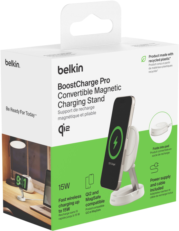 Зарядное устройство безпроводное Belkin 15Вт Stand Magnetic Qi2, белый