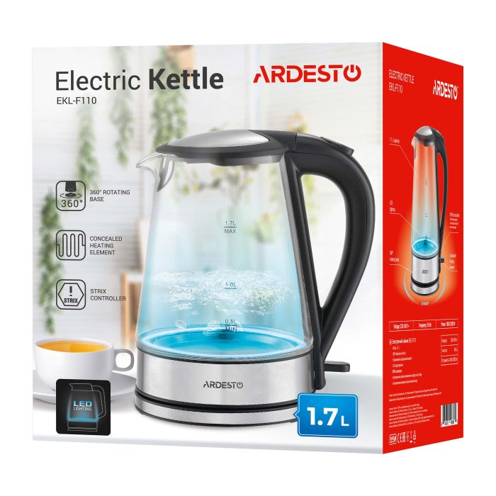 Електрочайник Ardesto 1.7л, Strix, скло, чорний