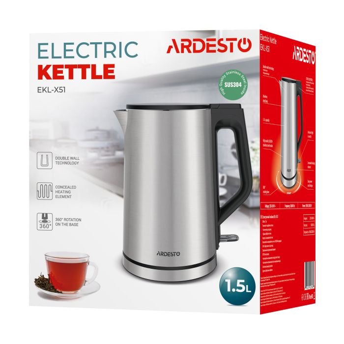 Електрочайник Ardesto Steel Collection 1.5л, подвійні стінки, сріблястий