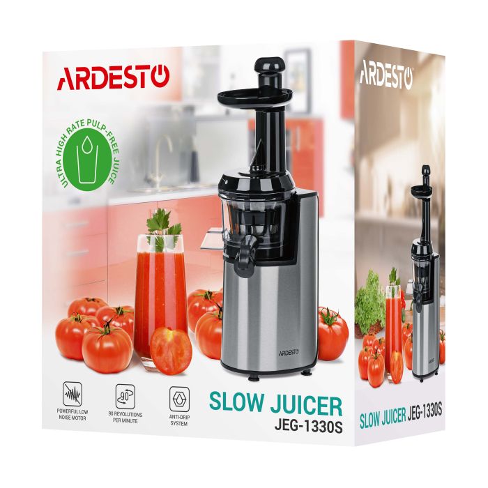 Соковыжималка Ardesto шнековая 200Вт, чаша-0.6л, жмых-0.6л, пластик/металл, серебристо-черный