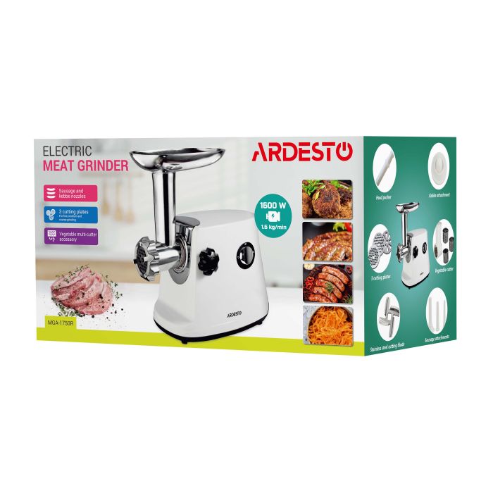 Мясорубка Ardesto, 1600Вт, 1.6кг/мин, 3 решетки, насадка для колбас, кеббе, 3 терки, пластик, бело-серебристый