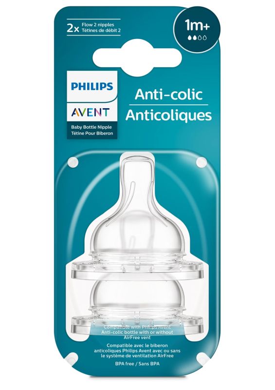 Соска Avent Anti-Colic 1мес+, силиконовая, медленный поток, 2шт