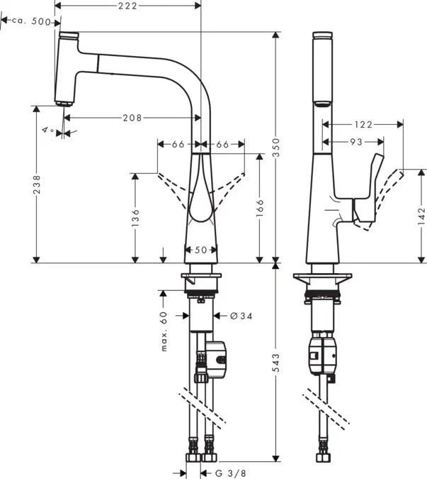 Змішувач для кухні Hansgrohe Metris Select, довж.виливу - 222мм, поворотний, витяжний, важіль + кнопка, хром