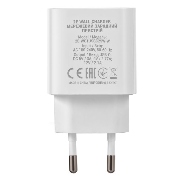 Зарядное устройство сетевое 2E 25Вт USB-C PD, белый