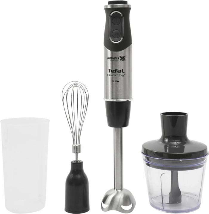 Блендер Tefal погружной Quickchef 1000Вт, 3в1, чаша-800мл, чопер-500мл, турборежим, серебристо-черный