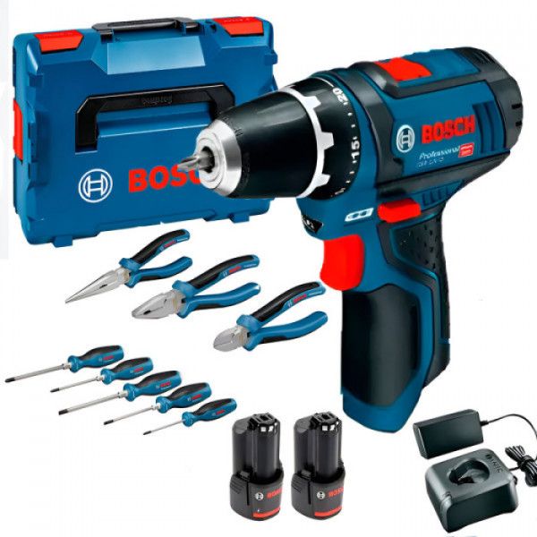 Шуруповерт-дрель аккумуляторная Bosch GSR 12V-15 2х2А·час 30Нм 400·1300об·мин 0.89кг GAL 12V-20 + набор ручного инструмента