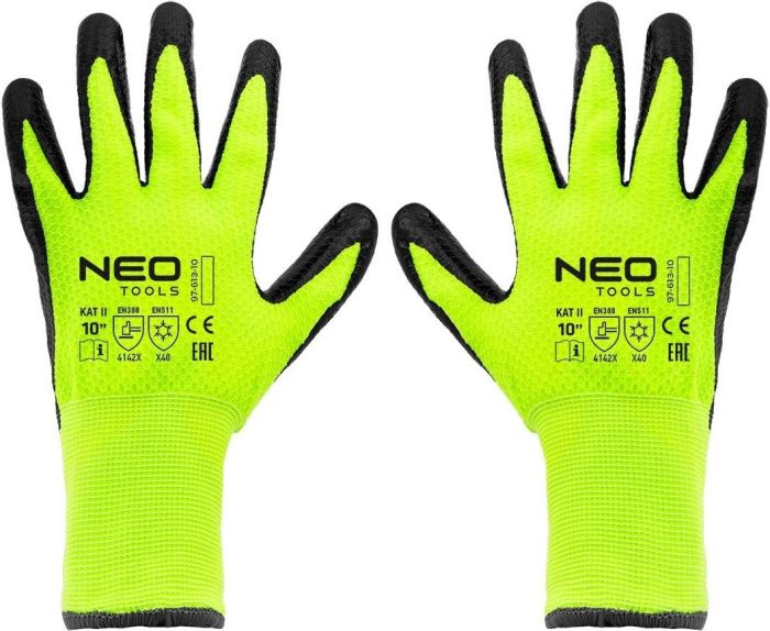 Перчатки рабочие Neo Tools, утепленные, латексное покрытие, полиэстер, р.10, зелено-черные