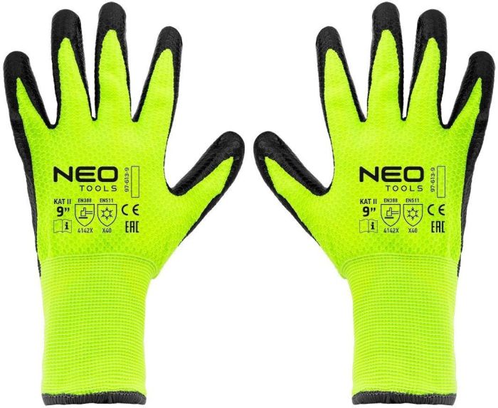 Перчатки рабочие Neo Tools, утепленные, латексное покрытие, полиэстер, р.9, зелено черные