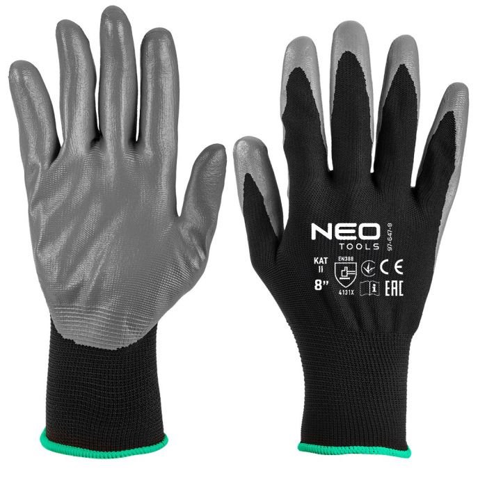Перчатки рабочие Neo Tools комплект 12шт, полиэстер с нитриловым покрытием, р.8, серо-черный