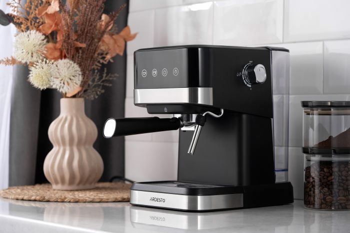 Кофеварка Ardesto рожковая Steel Collection 1.5л, молотый, ручной капучинатор, сенсорное управление, черно-серебристый