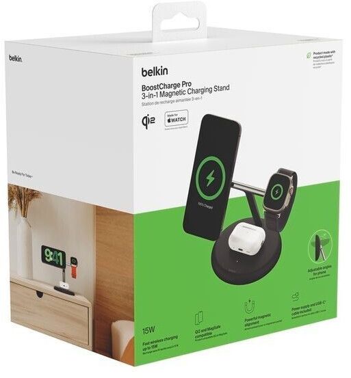 Зарядний пристрій бездротовий Belkin 3в1 Magnetic Adjustable Pad Qi2 15Вт, чорний