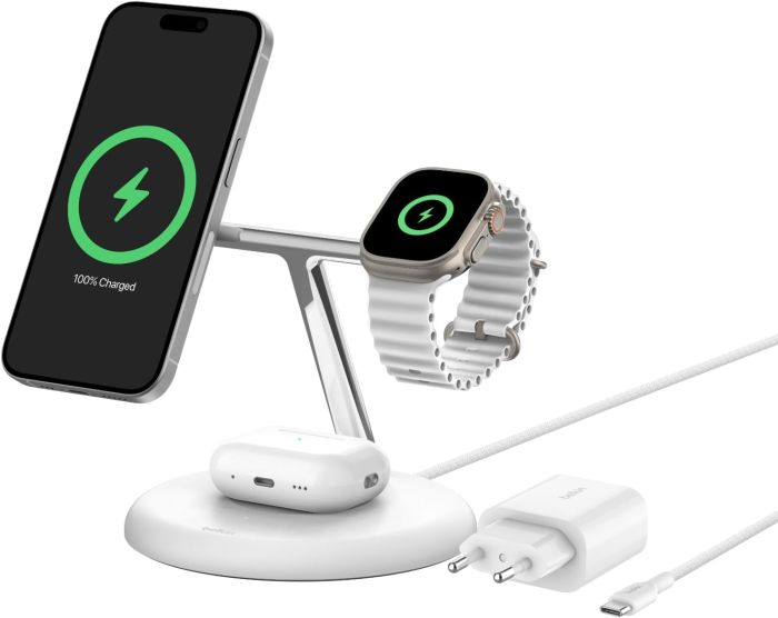 Зарядний пристрій бездротовий Belkin 3в1 Magnetic Adjustable Pad Qi2 15Вт, білий