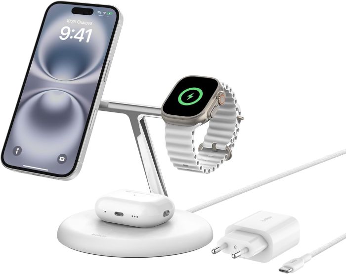 Зарядний пристрій бездротовий Belkin 3в1 Magnetic Adjustable Pad Qi2 15Вт, білий