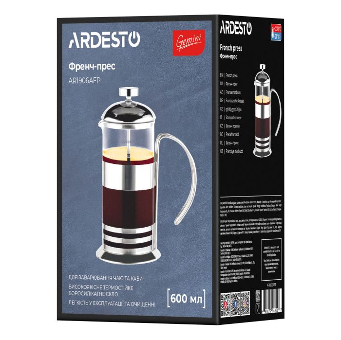 Френч-прес Ardesto Gemini Asti, 600мл, боросилікатне скло, нержавіюча сталь, прозорий