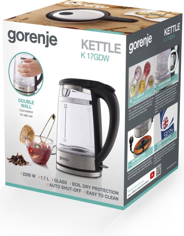 Электрочайник Gorenje 1.7л, 2,200 Вт, strix контроль, стекло, черный
