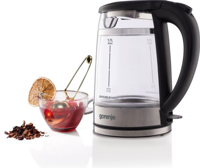 Электрочайник Gorenje 1.7л, 2,200 Вт, strix контроль, стекло, черный