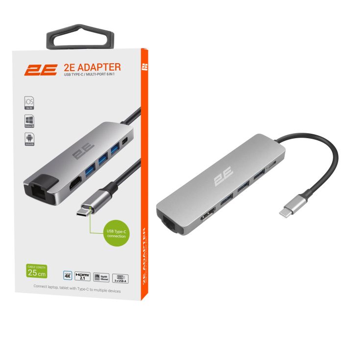 Хаб 2E USB-С > 2хUSB-A 2.0/USB-A 3.0/USB-C PD/HDMI/Ethernet, 0.15м, серый