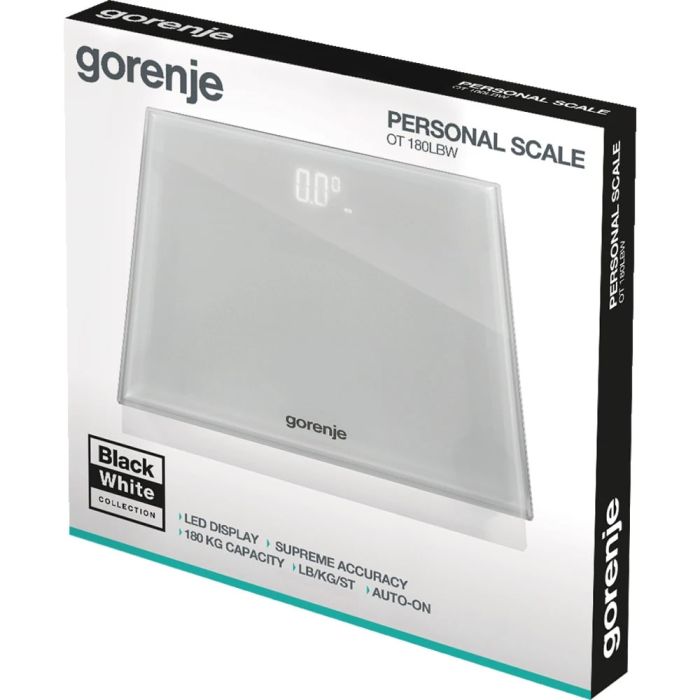 Ваги підлогові Gorenje, 180 кг, дисплей, скло, білий
