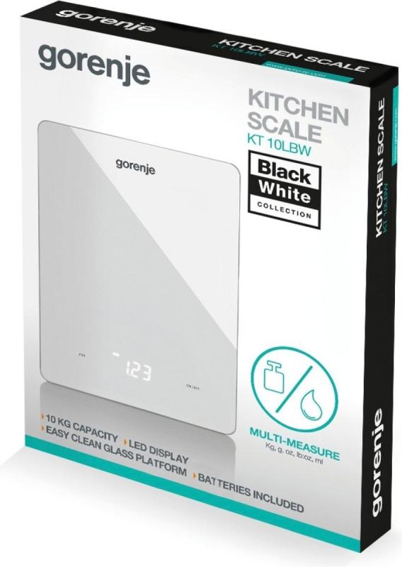 Ваги Gorenje кухонні, 10кг, AAAx3 в комплекті, дисплей, скло, білий