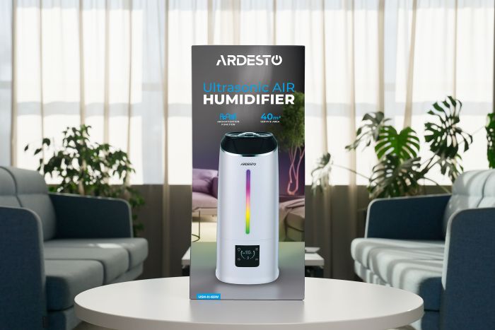 Увлажнитель воздуха ARDESTO ультразвуковой, 40м2, 6.5л, 390мл/ч, электр. управление, пульт ДУ, верх. залив воды, дисплей, белый