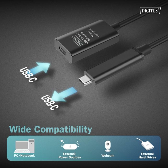 Подовжувач DIGITUS USB 3.2 Gen2 Active Cable 10G, C/M-C/F, 5м, чорний