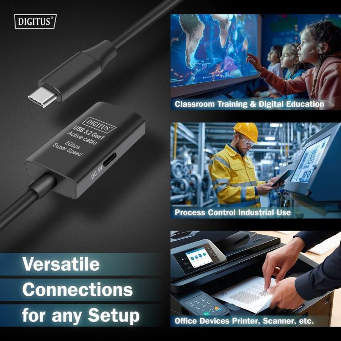 Подовжувач DIGITUS USB 3.2 Gen1 Active Cable 5G, C/M-C/F, 10м, чорний