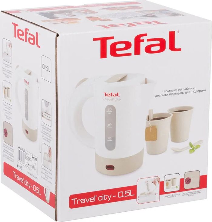 Електрочайник Tefal Travel-o-city 0.5л, Strix, пластик, в комплекті 2 склянки + 2ложки, біло-бежевий