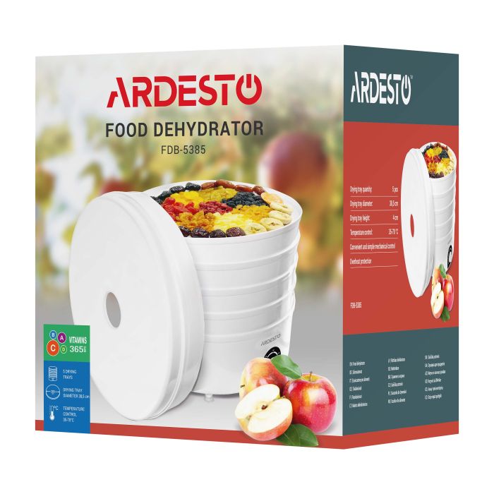 Сушка для продуктов  Ardesto , 520Вт, поддонов -5x4см, диаметр-38,5см, макс-70°С, рег.темп, пластик, белый ARDESTO FDB-5385