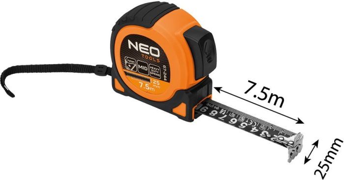 Рулетка Neo Tools Super Black, 7.5мx25мм, с фиксатором сматывания, магнит