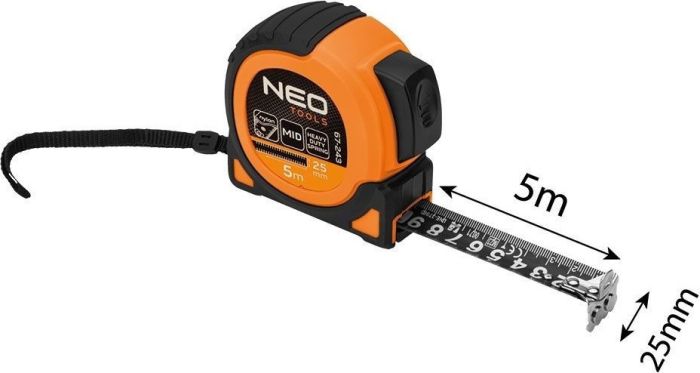 Рулетка Neo Tools Super Black, 5мx25мм, з фіксатором змотування, магніт