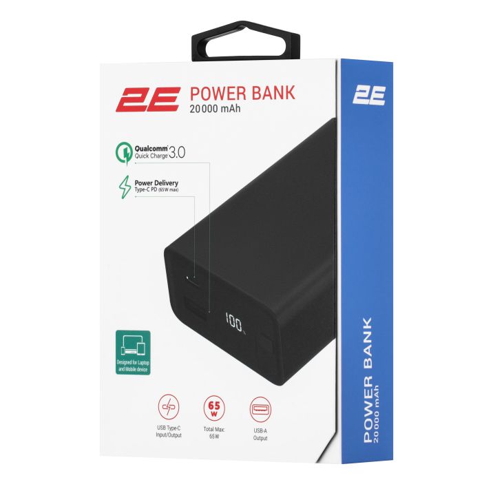 Портативное зарядное устройство Power Bank 2E 20000мАч, 65Вт, PD, QC, черный