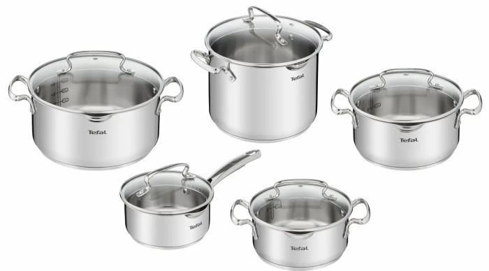 Набор посуды Tefal Duetto Plus, 10 предметов, нержавеющая сталь, стекло