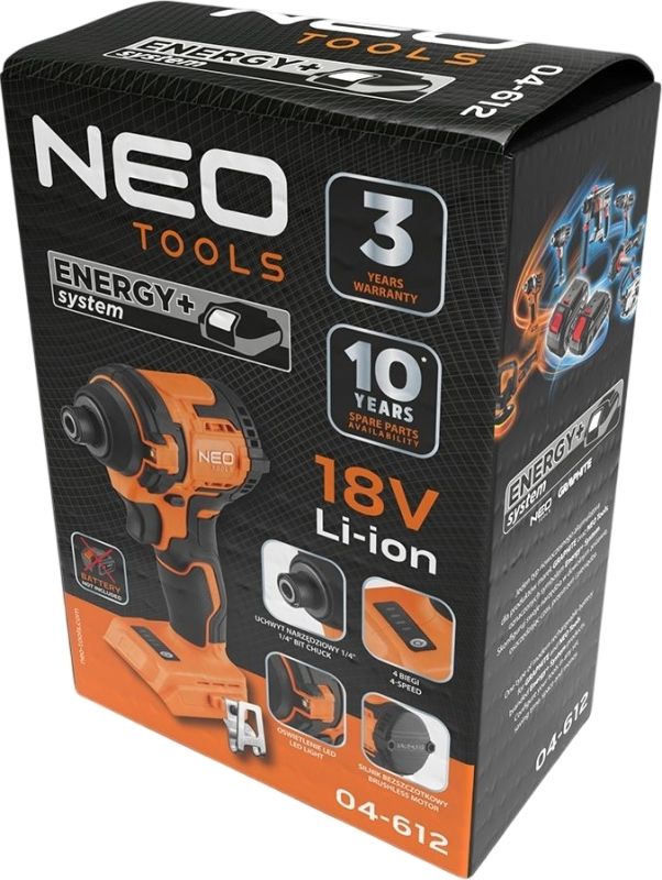 Гайковерт ударний Neo Tools Energy+ 18В безщітковий 3600об/хв 300Нм 1/4" 4 швидкості 0.85кг без АКБ та ЗП