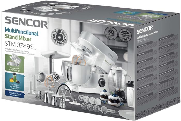 Кухонна машина Sencor 1200Вт, чаша-метал, корпус-пластик, насадок-19, білий