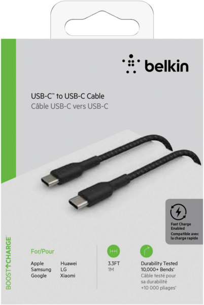 Кабель USB-C > USB-C заряджання/синхронізації Belkin 1м, 60Вт, Type-C, плетений, чорний