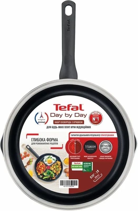 Сковорода с крышкой Tefal Day by Day, 20см, с крышкой, алюминий, бакелит, стекло, черный