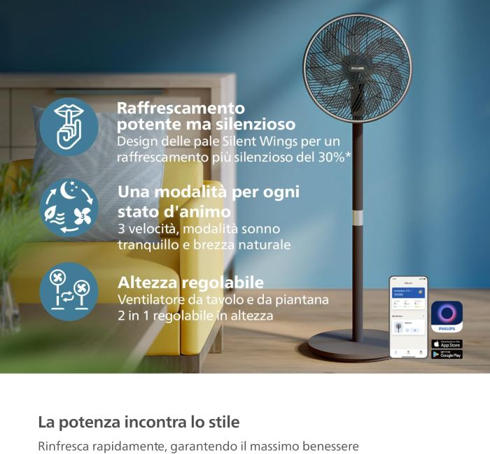 Вентилятор Philips підлоговий Series 3000, 40см, 48Вт, керування через смартфон, регулювання висоти, чорний