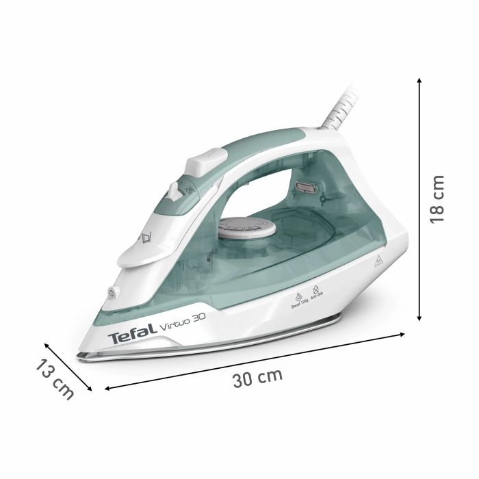 Утюг Tefal Virtuo 30, 1800Вт, 240мл, паровой удар -120гр, постоянный пар - 27гр, керам. подошва, бело-зеленый