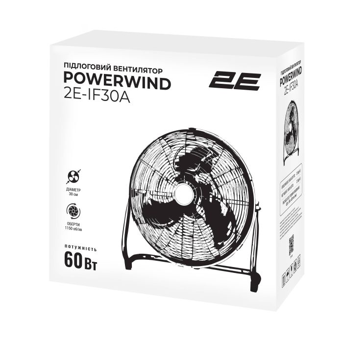Вентилятор підлоговий 2E PowerWind 30A професійний, 30см, 60Вт, кнопки, двигун алюміній 100%, чорний